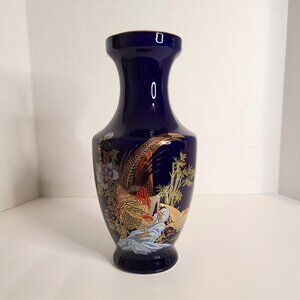 Japanese-Style Vase Cobalt Blue Bird Design Detailed in Gold 10"